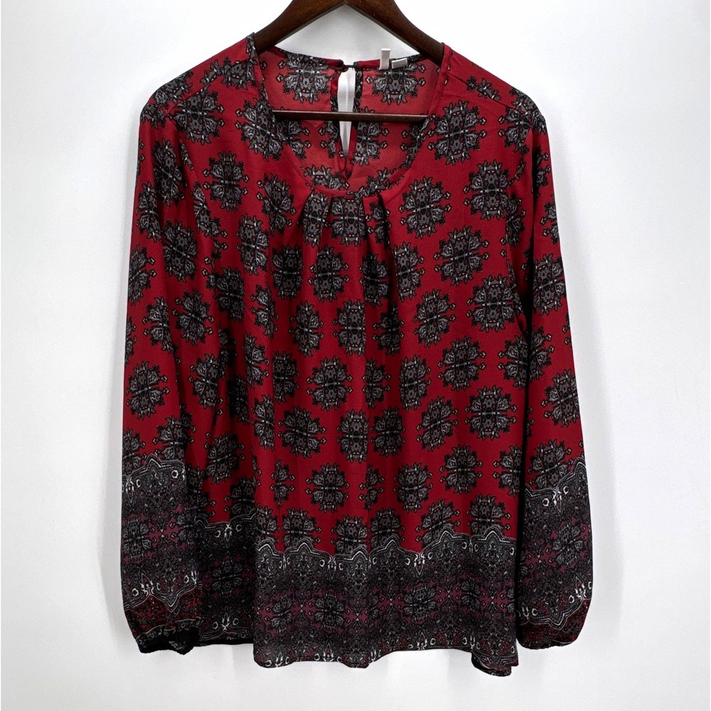 Cato Red Paisley Medallion Boho Peasant Blouse Long Sleeve 100% Polyester XL